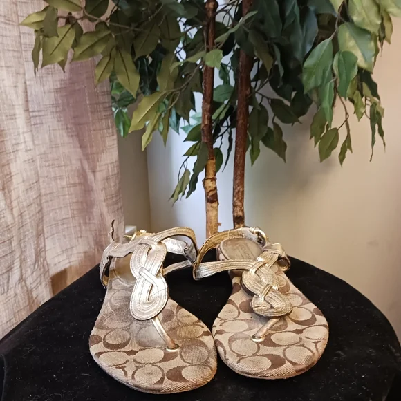 Coach Gold Metallic T-Strap Sandals sz 8 - Picture 3 of 8